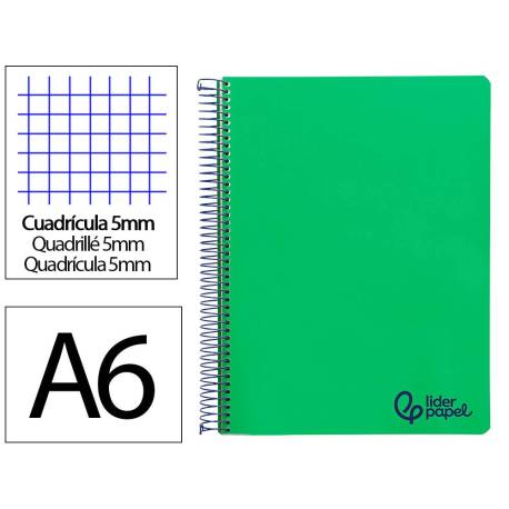 CUADERNO ESPIRAL MARCA LIDERPAPEL A6 MICRO WONDER TAPA PLASTICO 120H 90GR CUADRO 5MM 4 BANDAS COLOR VERDE OSCURO