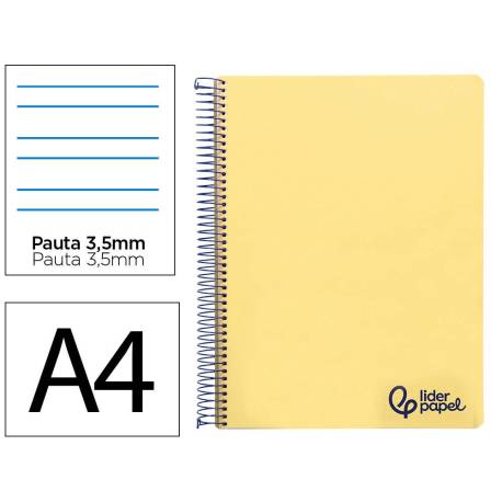 CUADERNO ESPIRAL MARCA LIDERPAPEL A4 WONDER TAPA PLASTICO 80H 90GR PAUTA ANCHA 3,5MM CON MARGEN COLOR AMARILLO