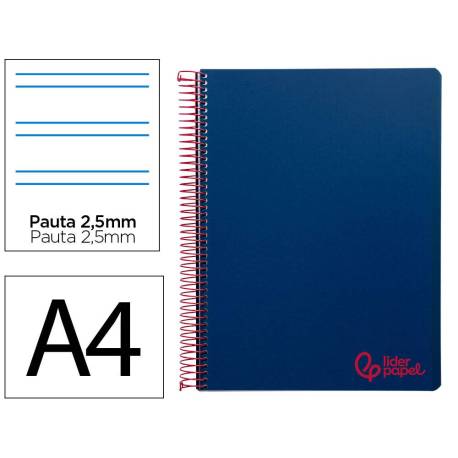 CUADERNO ESPIRAL MARCA LIDERPAPEL A4 WONDER TAPA PLASTICO 80H 90GR PAUTA ESTRECHA 2,5MM CON MARGEN COLOR AZUL MARINO