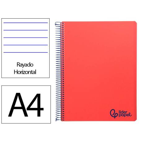 CUADERNO ESPIRAL LIDERPAPEL DIN A4 WONDER TAPA PLASTICO 80H 90GR RAYADO HORIZONTAL CON MARGEN COLOR ROJO