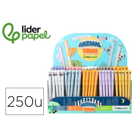 BOLIGRAFO FANTASIA MARCA LIDERPAPEL ANIMAL TOWN TINTA AZUL BORRABLE PUNTA 1 MM EXPOSITOR DE 250 UNIDADES 300X138X292 MM