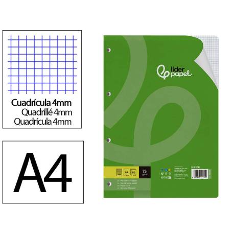 RECAMBIO MARCA LIDERPAPEL DIN A4 80 HOJAS 75G/M2 CUADRO 4 MM CON MARGEN 4 TALADROS