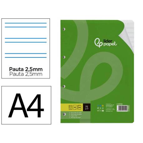 RECAMBIO MARCA LIDERPAPEL DIN A4 100 HOJAS 75 GR PAUTA 5 2.5MM CON MARGEN 4 TALADROS