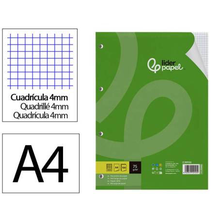 RECAMBIO MARCA LIDERPAPEL DIN A4 100 HOJAS 75 GR CUADRO 4 MM CON MARGEN SIN TALADROS