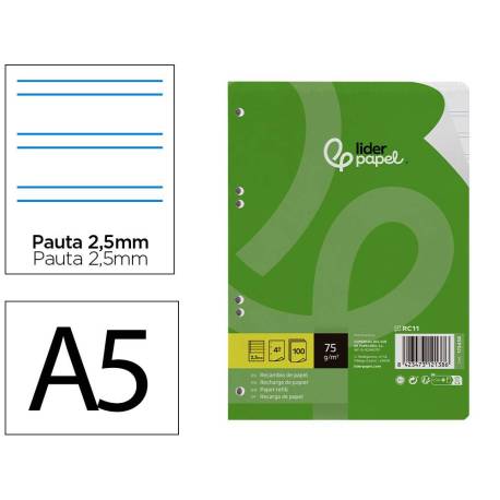 RECAMBIO MARCA LIDERPAPEL DIN A5 100 HOJAS 75 GR PAUTA 5 2.5MM CON MARGEN 6 TALADROS