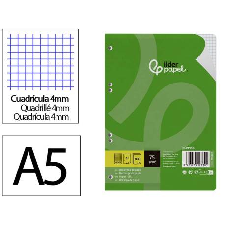 RECAMBIO MARCA LIDERPAPEL DIN A5 100 HOJAS 75 GR CUADRO 4MM CON MARGEN 6 TALADROS