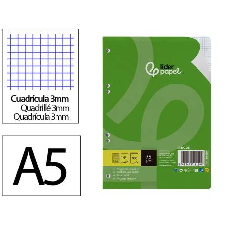 RECAMBIO MARCA LIDERPAPEL DIN A5 100 HOJAS 75 GR CUADRO 3MM CON MARGEN 6 TALADROS