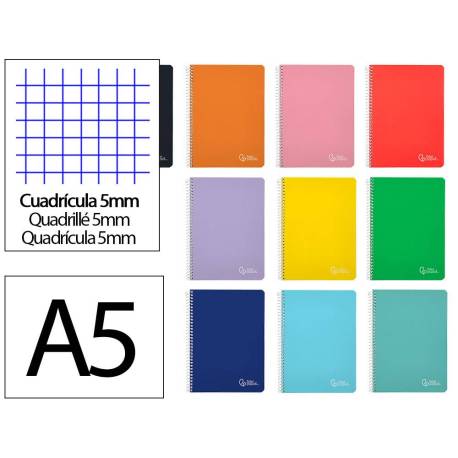 CUADERNO ESPIRAL MARCA LIDERPAPEL DIN A5 WITTY TAPA DURA 80H 90GR CUADRO 5MM CON MARGEN COLORES SURTIDOS
