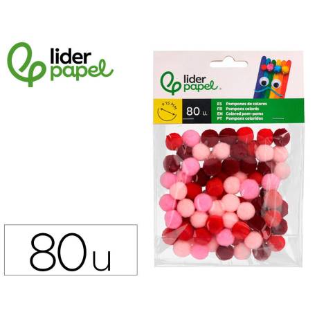 POMPONES DE COLORES MARCA LIDERPAPEL 1,5 CM TONALIDADES ROJAS BOLSA CON 80 UNIDADES
