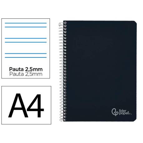CUADERNO ESPIRAL MARCA LIDERPAPEL DIN A4 WITTY TAPA DURA 80H 90GR PAUTA 2,5MM CON MARGEN COLOR NEGRO