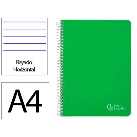 CUADERNO ESPIRAL MARCA LIDERPAPEL DIN A4 WITTY TAPA DURA 80H 90GR RAYADO HORIZONTAL CON MARGEN COLOR VERDE