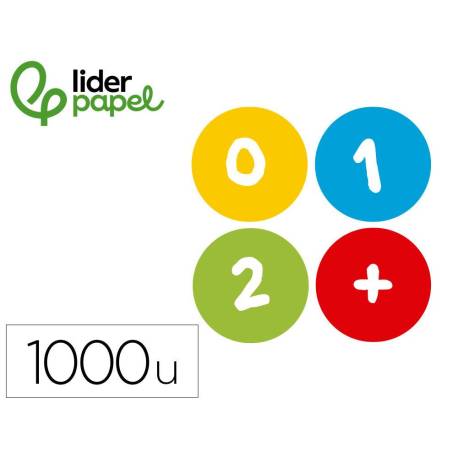 GOMETS MARCA LIDERPAPEL AUTOADHESIVO S REDONDO NUMEROS 20 MM COLORES SURTIDOS ROLLO DE 1000 UNIDADES EN CAJA DE CARTON