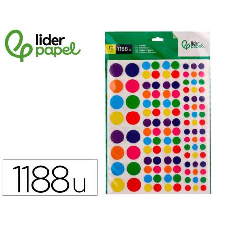 GOMETS MARCA LIDERPAPEL AUTOADHESIVO FIGURAS DE COLORES Y TAMAÑOS SURTIDOS BOLSA DE 10 HOJAS 1188 UNIDADES