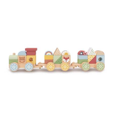 JUEGO INFANTIL MARCA IMAGINOVO MADERA TREN FIGURAS APILABLES CON RUEDAS +18 MESES 38X9,5X7,5CM