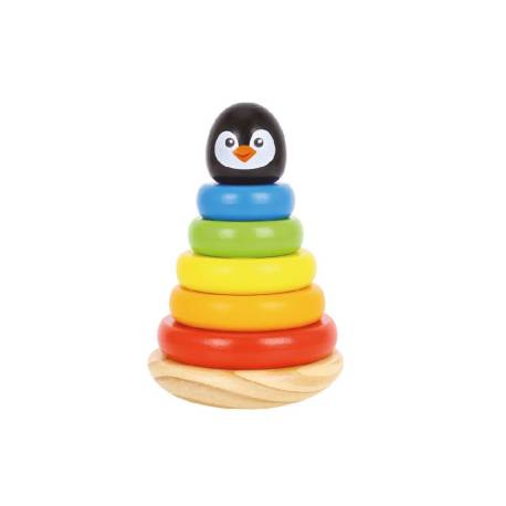 JUEGO INFANTIL MARCA IMAGINOVO MADERA FORMA DE PINGUINO TORRE DE FORMAS APILABLES +12 MESES 7 PIEZAS 18X12X12CM