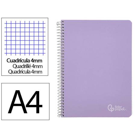 CUADERNO ESPIRAL MARCA LIDERPAPEL DIN A4 WITTY TAPA DURA 80H 90GR CUADRO 4MM CON MARGEN COLOR VIOLETA