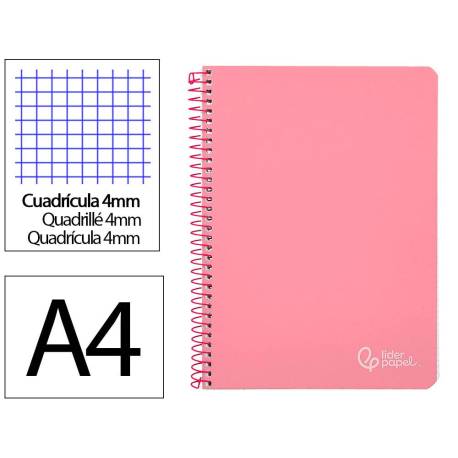 CUADERNO ESPIRAL MARCA LIDERPAPEL DIN A4 WITTY TAPA DURA 80H 90GR CUADRO 4MM CON MARGEN COLOR ROSA