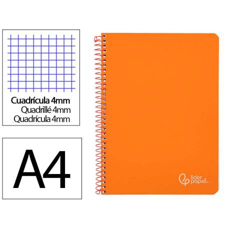 CUADERNO ESPIRAL MARCA LIDERPAPEL DIN A4 WITTY TAPA DURA 80H 90GR CUADRO 4MM CON MARGEN COLOR NARANJA