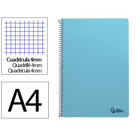 CUADERNO ESPIRAL MARCA LIDERPAPEL DIN A4 SMART TAPA BLANDA 80H 75GR CUADRO 4MM CON MARGEN COLOR CELESTE