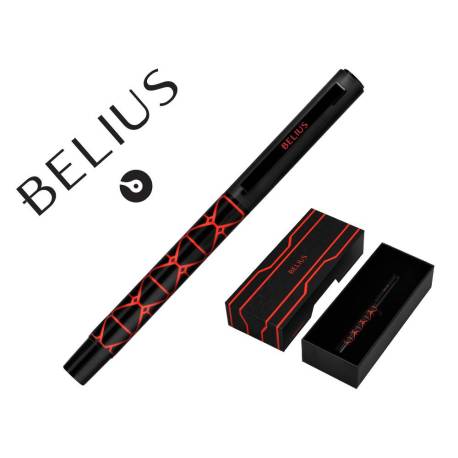 BOLIGRAFO MARCA BELIUS LEGACY ALUMINIO DISEÑO TRIANGULO ROJO CUERPO NEGRO TINTA COLOR AZUL CAJA DE DISEÑO