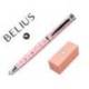 PLUMA MARCA BELIUS BELLA ALUMINIO COLOR ROSA DISEÑO PLATEADO RELIEVE TINTA AZUL CAJA DE DISEÑO