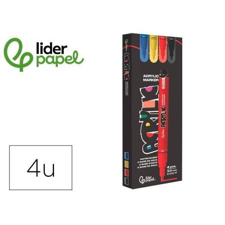 ROTULADOR MARCA LIDERPAPEL ACRYLIC BASE AGUA TODO TIPO DE SUPERFICIE PUNTA REDONDA 3 MM CAJA DE 4 UNIDADES COLORES