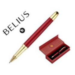 BOLIGRAFO BELIUS SOIREE ALUMINIO ART DECO GRANATE Y DORADO TINTA AZUL CAJA DE DISEÑO