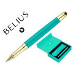 BOLIGRAFO Y ESTUCHE BELIUS SOIREE ART DECO TURQUESA Y DORADO TINTA AZUL CAJA DE DISEÑO