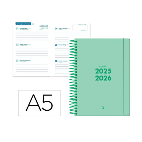 Agenda escolar liderpapel 25-2 6 espiral basic verde menta semana vista a5 bilingüe papel fsc 70 gr.