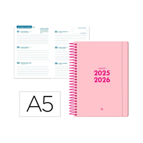 AGENDA ESCOLAR LIDERPAPEL 25-26 ESPIRAL BASIC ROSA SEMANA VISTA A5 BILINGÜE PAPEL FSC 70 GR