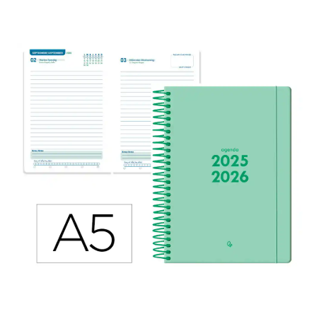 AGENDA ESCOLAR LIDERPAPEL 25-26 ESPIRAL BASIC VERDE MENTA DIA PAGINA A5 BILINGÜE PAPEL FSC 70 GR