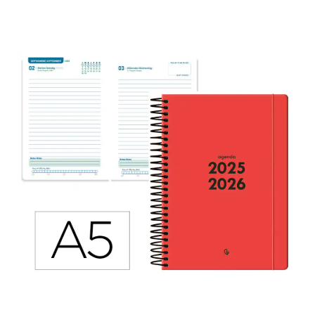 AGENDA ESCOLAR LIDERPAPEL 25-26 ESPIRAL BASIC ROJO DIA PAGINA A5 BILINGÜE PAPEL FSC 70 GR