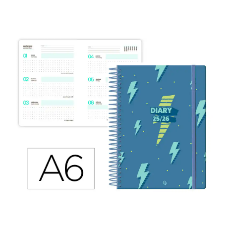 AGENDA ESCOLAR LIDERPAPEL 25-26 ESPIRAL PATTERNS RAYOS AZUL SEMANA VISTA A6 BILINGÜE PAPEL FSC 80 GR