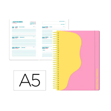 AGENDA ESCOLAR LIDERPAPEL 25-26 ESPIRAL WAVES ROSA SEMANA VISTA A5 BILINGÜE PAPEL FSC 80 GR