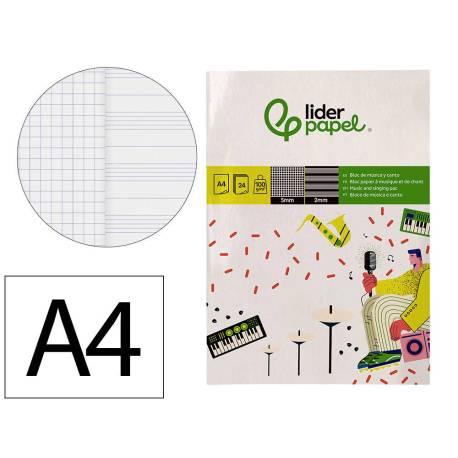 BLOC MUSICA Y CANTO MARCA LIDERPAPEL PENTAGRAMA INTERLINEADO 2 MM CUADRICULA 5MM DIN A4 24 HOJAS 100G/M2