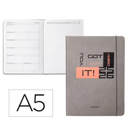 AGENDA ESCOLAR ANTARTIK 25-26 ENCUADERNADA GO! SIMIL PIEL GRIS SEMANA VISTA DIN A5 BILINGÜE PAPEL FSC 80 GR