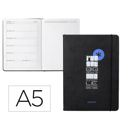 AGENDA ESCOLAR ANTARTIK 25-26 ENCUADERNADA GO! SIMIL PIEL NEGRO SEMANA VISTA DIN A5 BILINGÜEPAPEL FSC 80 GR
