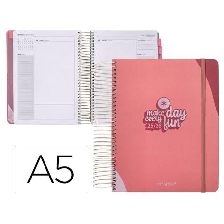 AGENDA ESCOLAR ANTARTIK 25-26 ESPIRAL FUN DAY ROSA DIA PAGINA DIN A5 BILINGÜE PAPEL FSC 80 GR