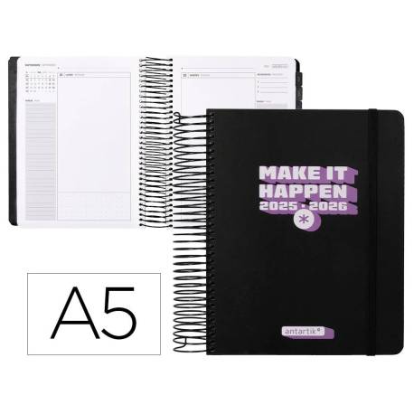 AGENDA ESCOLAR ANTARTIK 25-26 ESPIRAL NEON NEGRO DIA PAGINA DIN A5 BILINGÜE PAPEL FSC 80 GR