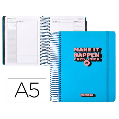 AGENDA ESCOLAR ANTARTIK 25-26 ESPIRAL NEON AZUL DIA PAGINA DIN A5 BILINGÜE PAPEL FSC 80 GR