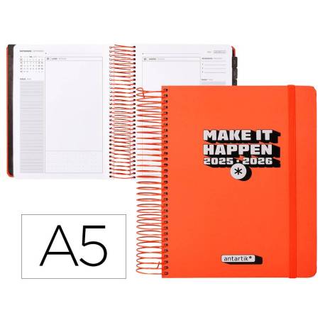 AGENDA ESCOLAR ANTARTIK 25-26 ESPIRAL NEON ROSA DIA PAGINA DIN A5 BILINGÜE PAPEL FSC 80 GR