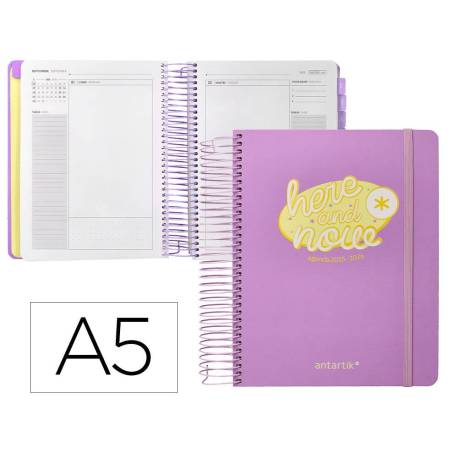 AGENDA ESCOLAR ANTARTIK 25-26 ESPIRAL HERE AND NOW MORADO DIA PAGINADIN A5 BILINGÜE PAPEL FSC 80 GR