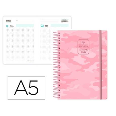 AGENDA ESCOLAR LIDERPAPEL 25-26 ESPIRAL PATTERNS MILITAR ROSA DIA PAGINA DIN A5 BILINGÜE PAPEL FSC 80 GR