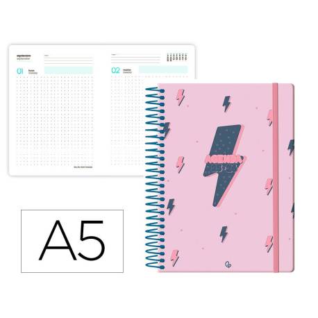 AGENDA ESCOLAR LIDERPAPEL 25-26 ESPIRAL PATTERNS RAYOS ROSA DIA PAGINA DIN A5 BILINGÜE PAPEL FSC 80 GR