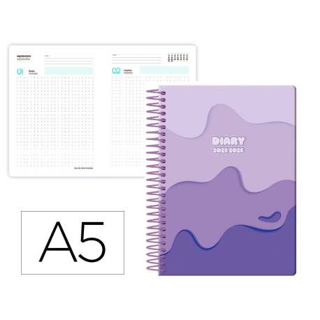 AGENDA ESCOLAR LIDERPAPEL 25-26 ESPIRAL MELTING MORADO DIA PAGINA DIN A5 BILINGÜE PAPEL FSC 80 GR