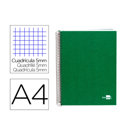 CUADERNO ESPIRAL LIDERPAPEL A4 MICRO PAPERCOAT TAPA FORRADA 140H 75 GR CUADRO5MM 5 BANDAS 4 TALADROS VERDE