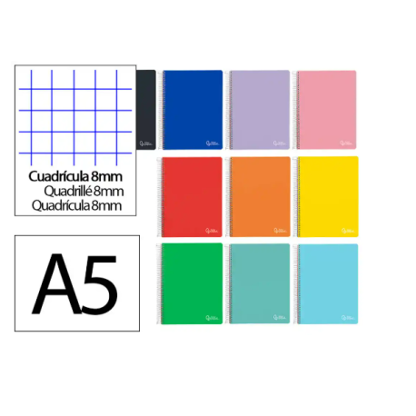 CUADERNO ESPIRAL LIDERPAPEL DIN A5 WITTY TAPA DURA 80H 90GR CUADRO 8MM CON MARGEN COLORES SURTIDOS