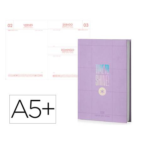AGENDA ENCUADERNADA MARCA ANTARTIK TIME TO SHINE A5+ 2026 DÍA PÁGINA MORADO PAPEL 80G FSC