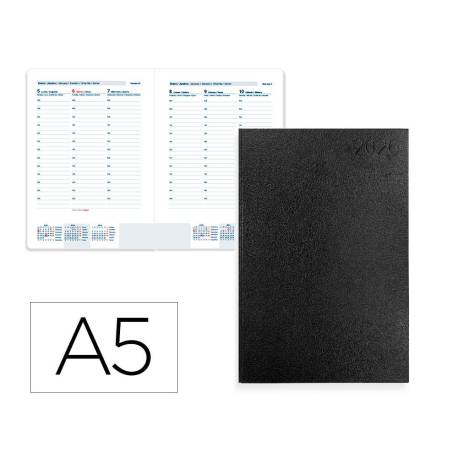 AGENDA ENCUADERNADA MARCA LIDERPAPEL CORFU A5 2026 SEMANA VISTA NEGRO PAPEL 60 GR