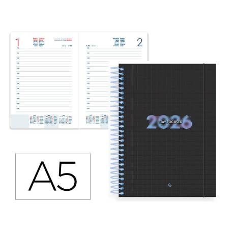 AGENDA ESPIRAL MARCA LIDERPAPEL KIMOLOS A5 2026 DIA PAGINA FOCUS PAPEL 70 GR FSC